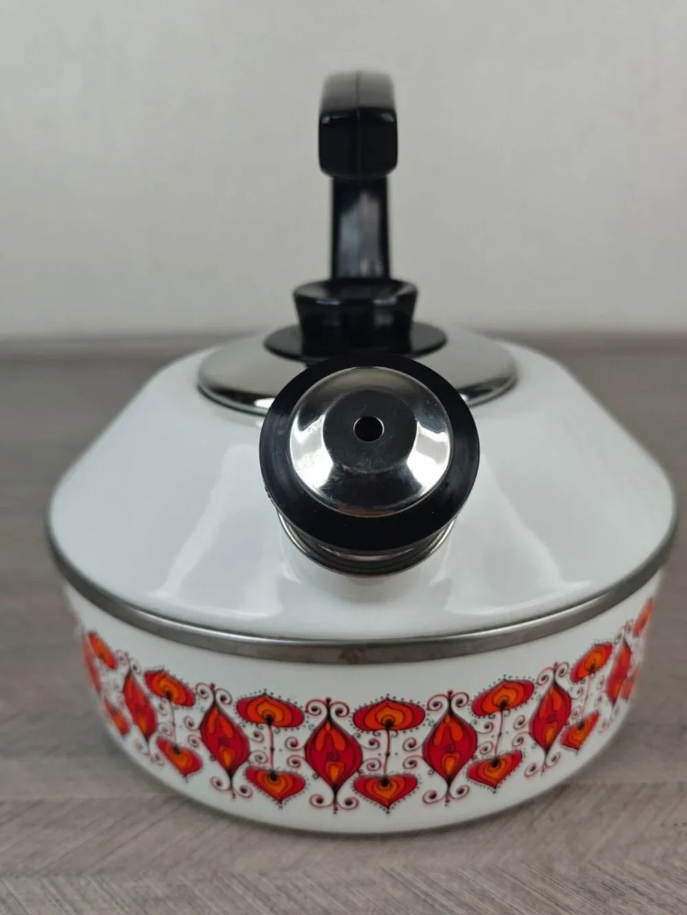 Vintage Austria Email Enamel Tea Kettle Mid-Century Modern White Red Black